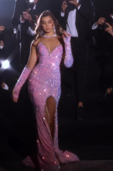 Hermoso vestido de fiesta de sirena rosa sin mangas con abertura frontal y brillo